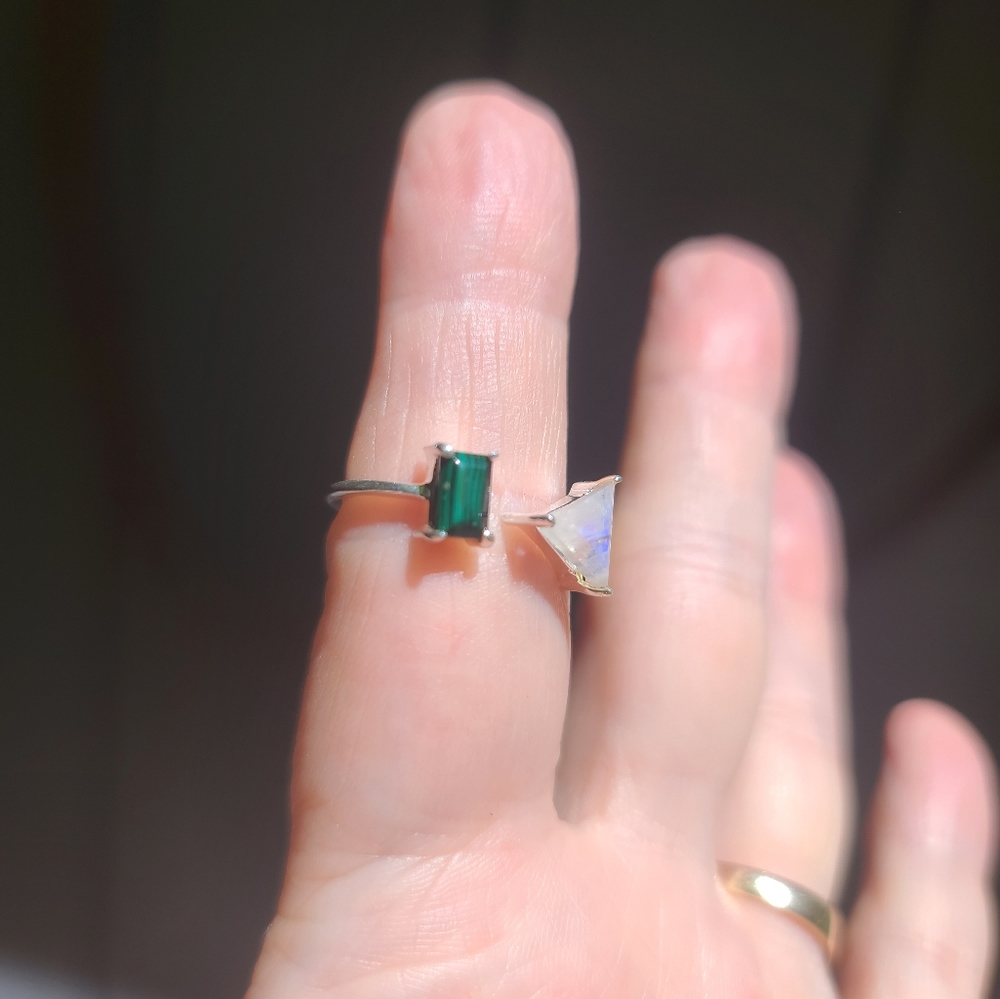 Moonstone & Malachite geometric open design sterling rung sz7 adjustable - Picture 3 of 8